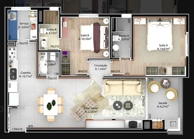Planta baixa de um apartamento residencial em Lajeado, mostrando a disposição dos cômodos.