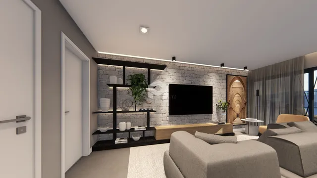 Sala de estar moderna com lareira e televisão.