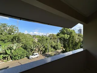 Vista externa da propriedade com vegetação e uma rua.