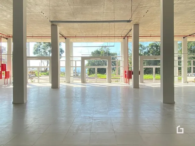 Espaço interno amplo com grandes vãos e colunas brancas.