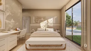 Quarto com cama e vista para o exterior de uma residência.