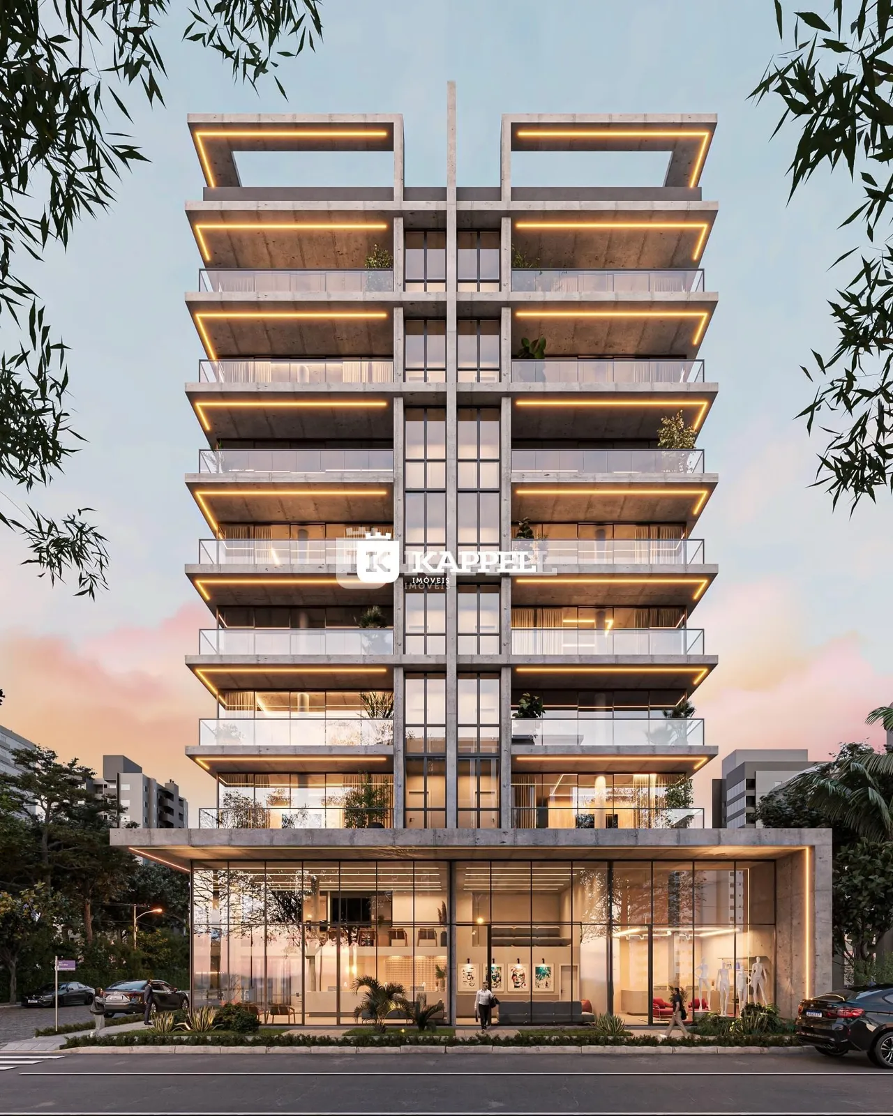 Fachada moderna de um prédio residencial com varandas e iluminação em Lajeado, Brasil.