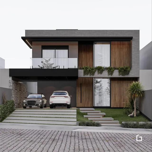 Fachada moderna de uma residência em Lajeado, Brasil, com jardim e garagem.